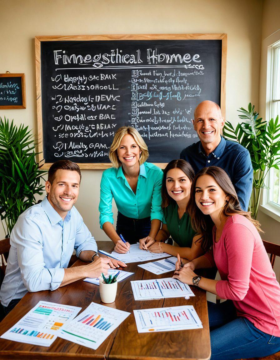 A joyful family gathered around a dining table with budgeting tools like spreadsheets and calculators scattered about, smiling and discussing plans for their dream home, surrounded by elements representing homeownership such as a cozy house model, green plants, and a chalkboard with financial goals. Warm lighting to evoke a sense of comfort and positivity. super-realistic. vibrant colors. cozy atmosphere.