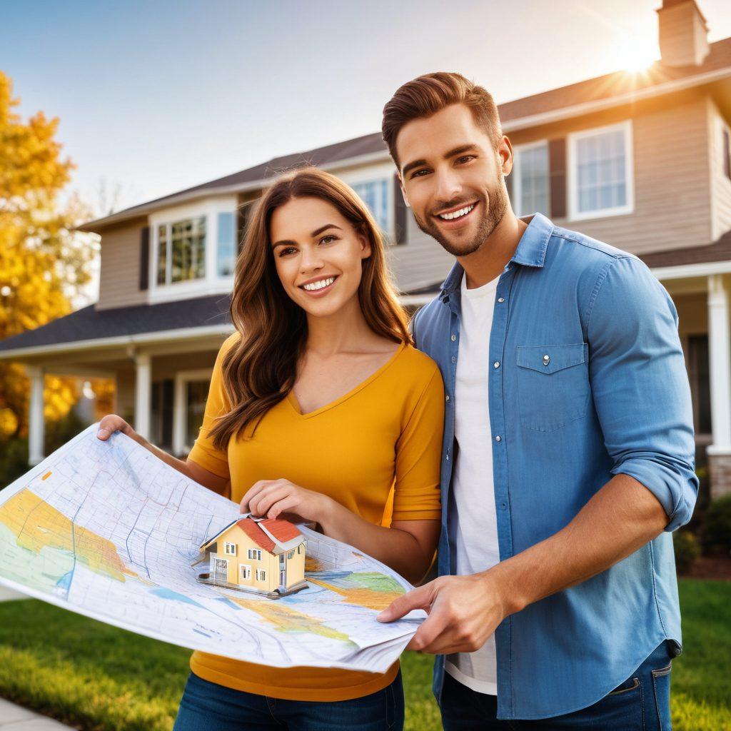 A confident young couple studying a large, detailed map of mortgage rates, surrounded by houses, calculators, and financial documents. The couple looks optimistic as they point toward a house, with a bright sun shining down, symbolizing hope and clarity in their home loan journey. A graphical overlay of fluctuating mortgage rates in the background. vibrant colors. super-realistic. warm lighting.