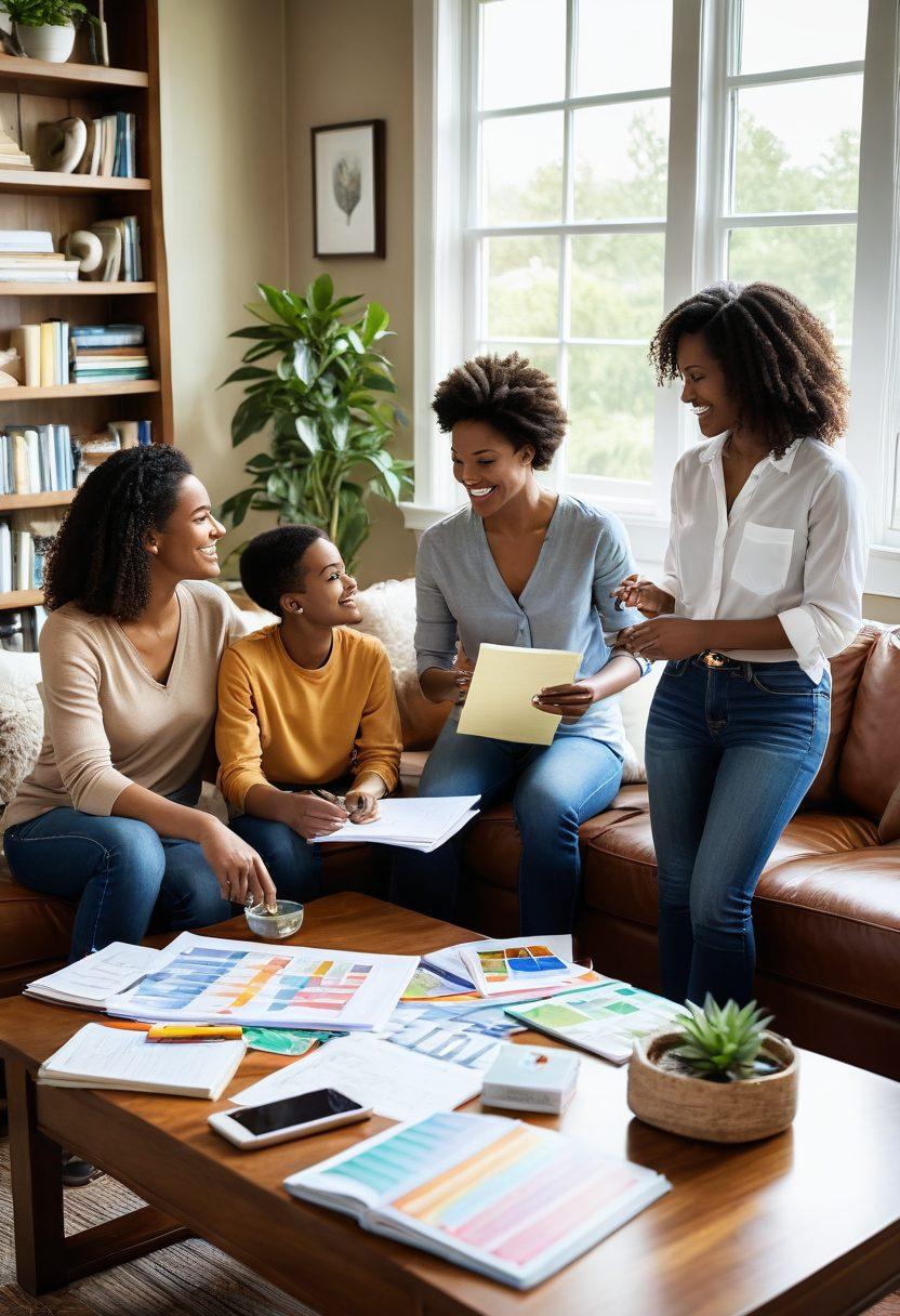 A cozy, inviting living room featuring a family happily discussing finances around a beautiful wooden coffee table filled with budgeting tools like charts and calculators. Bright sunlight streams through large windows, illuminating a welcoming atmosphere. In the background, there’s a bookshelf filled with guides on homeownership and affordable mortgages. The overall feeling is one of joy and empowerment in managing finances. vibrant colors. super-realistic.